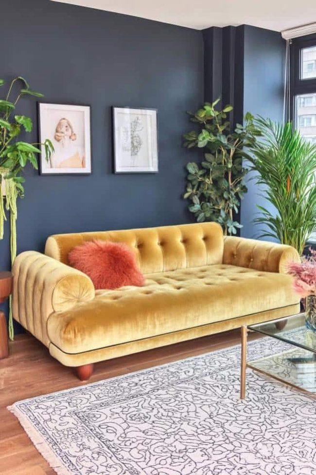 Gold Velvet Sofa With Navy Walls