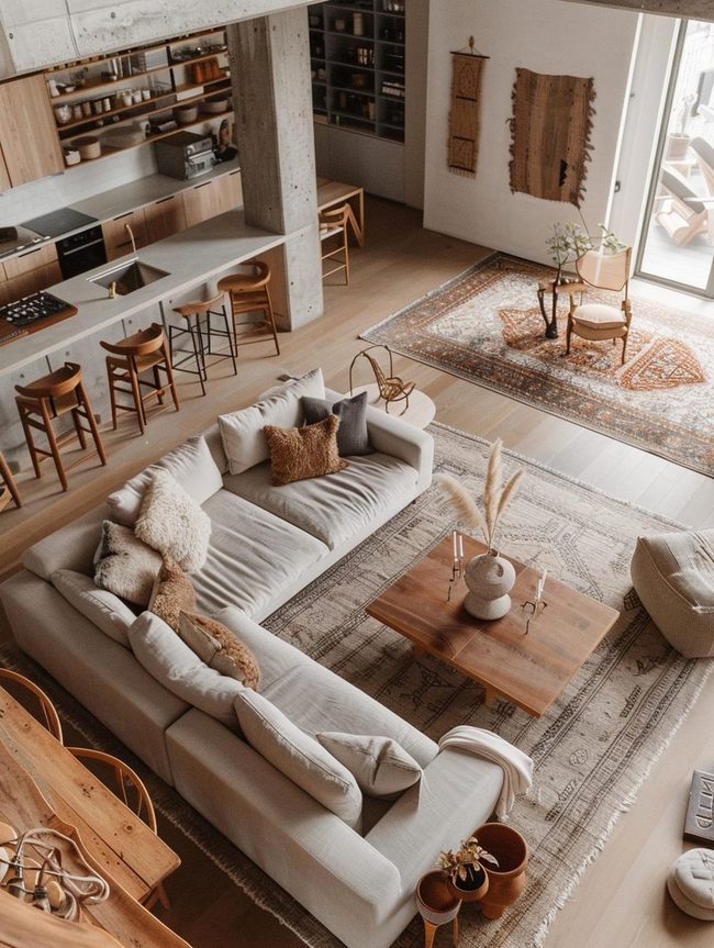 Layered Rugs Define Open Spaces