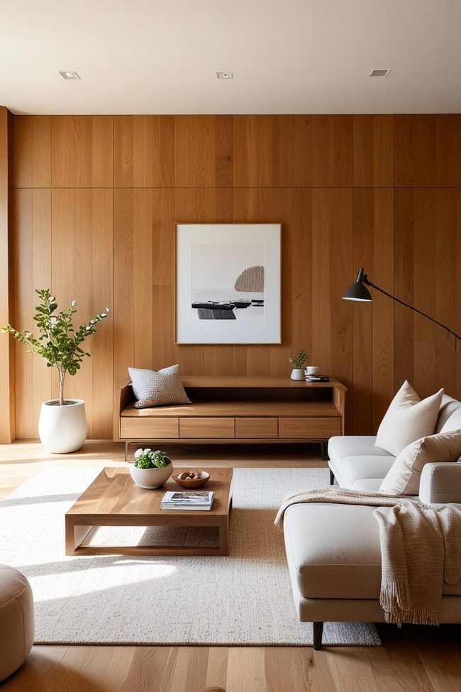 Exposed Walnut Beams Define Sleek Living