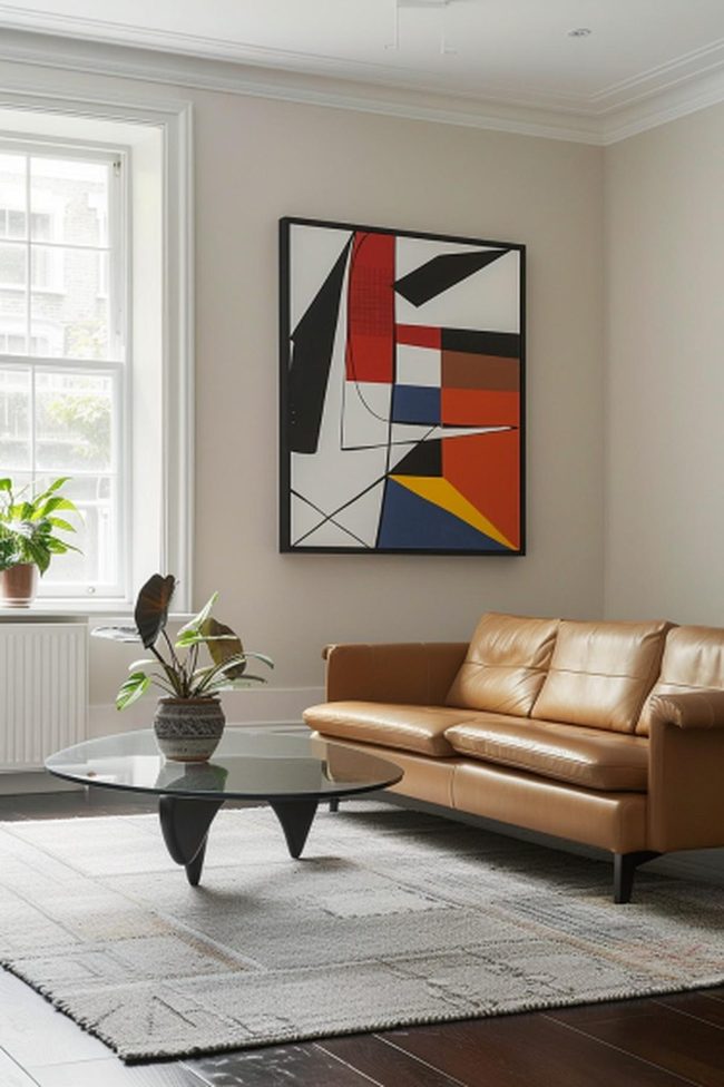 Tan Leather Sofa Meets Minimalist Art