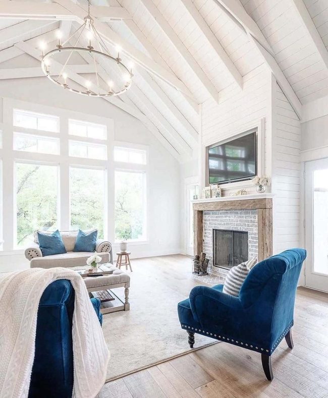 White Shiplap Meets Gray Stone Fireplace