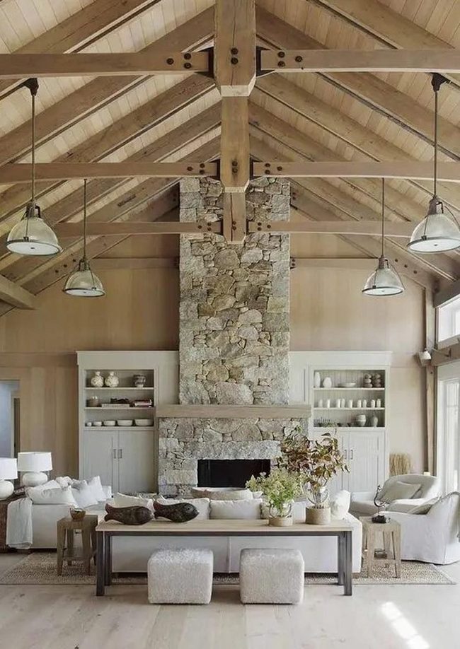 Wooden Beams, Stone Fireplace, Modern Calm
