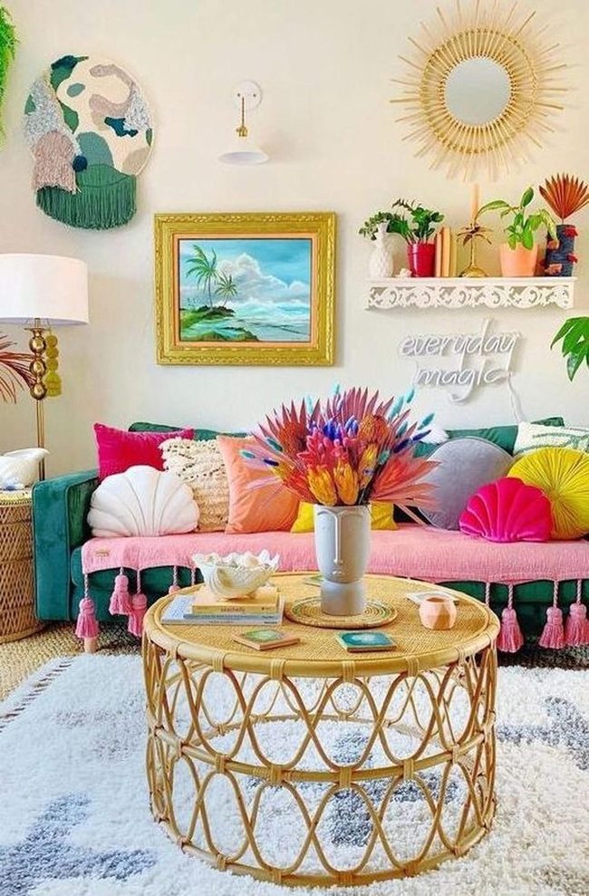 Green Velvet Sofa With Dried Flowers