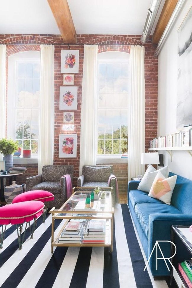 Blue Sofa Rainbow Pillows Industrial Chic