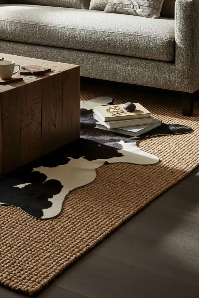 Cream And Cowhide Rug Layering