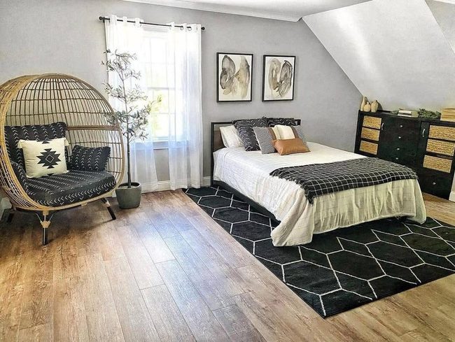 Black Geometric Rug Slanted Ceiling Bedroom