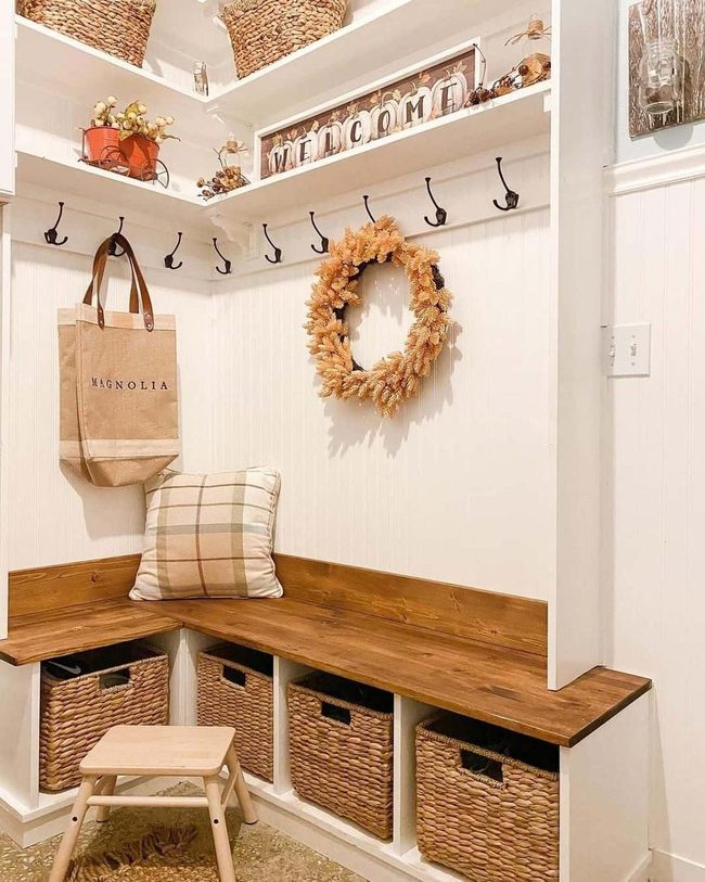 Beige Pillow Natural Wood Entryway