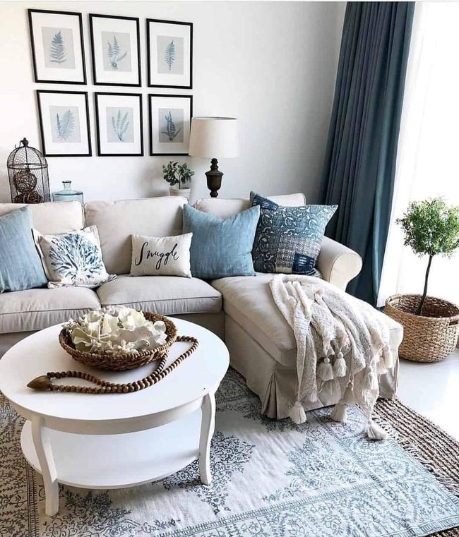 Beige Slipcovered Sectional With Blue Accents