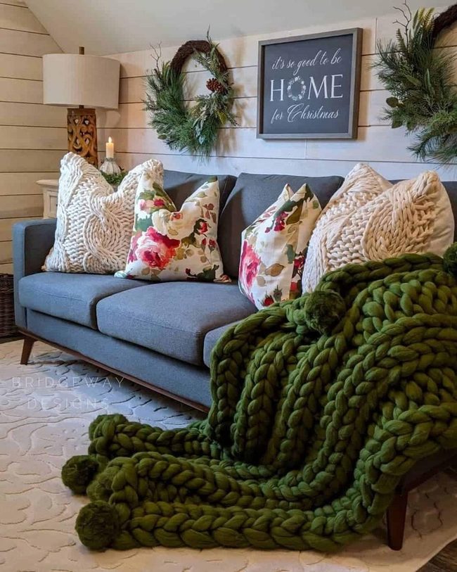 Dark Grey Couch Forest Green Blanket