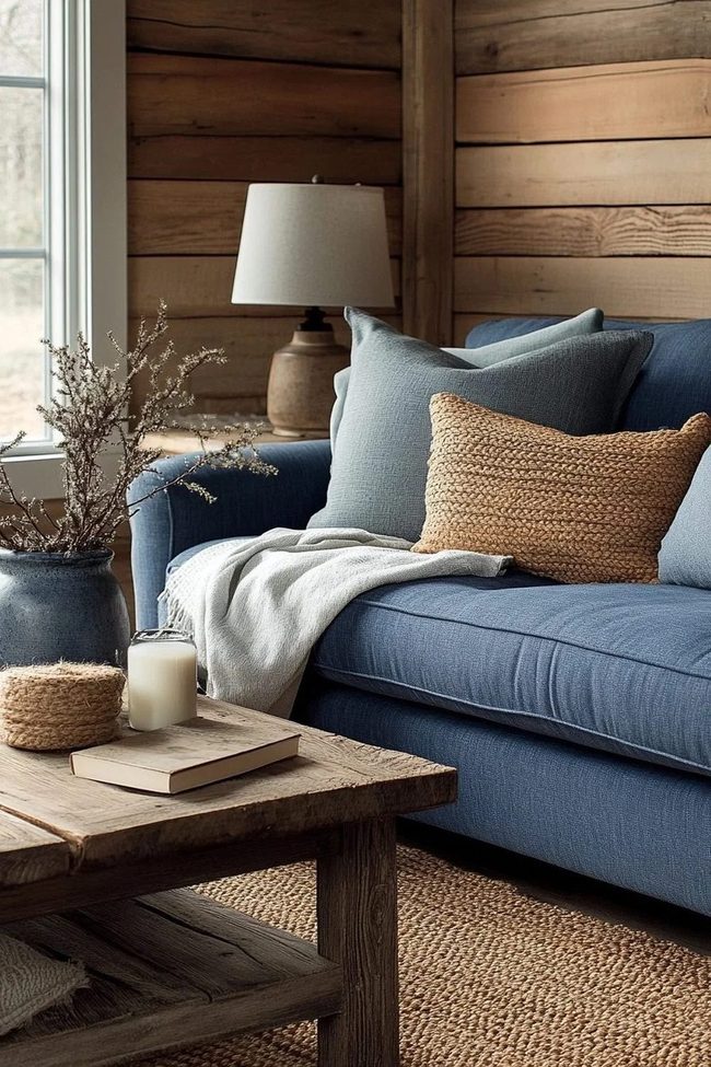 Blue Sofa Earthy Wood Balance