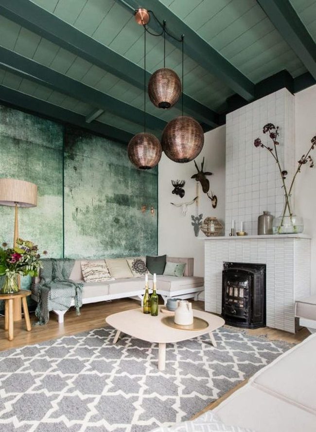 Green Beams, Gray Rugs, White Fireplace