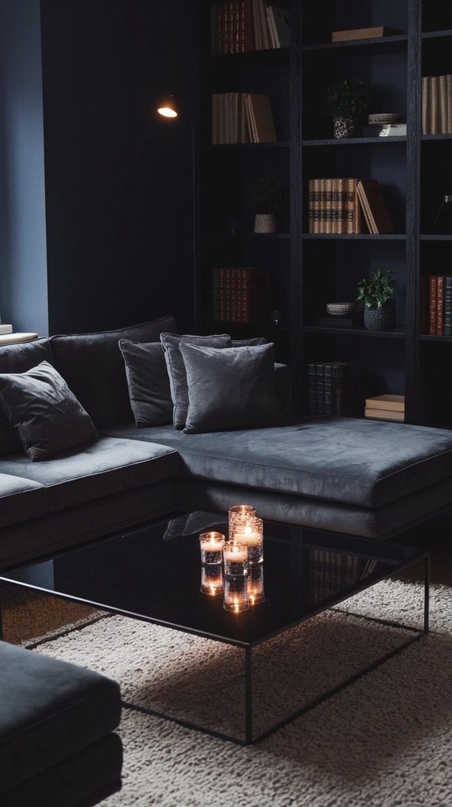 Grey Sofa Anchors Jewel-Toned Walls