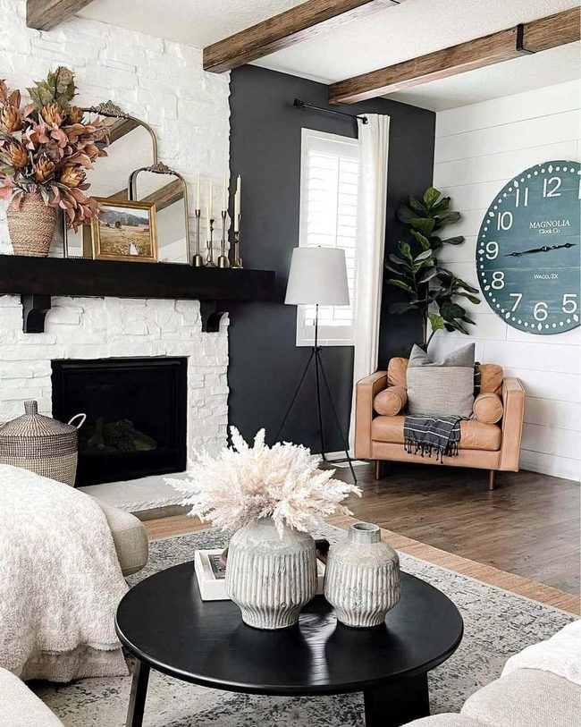 White Stone Fireplace Black Mantel