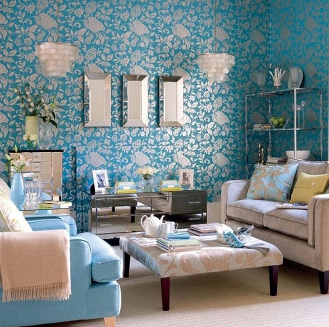 Blue Floral Wallpaper Living Room