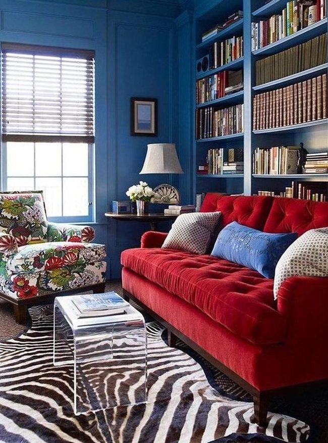 Blue Bookshelves Red Couch Reader'S Haven