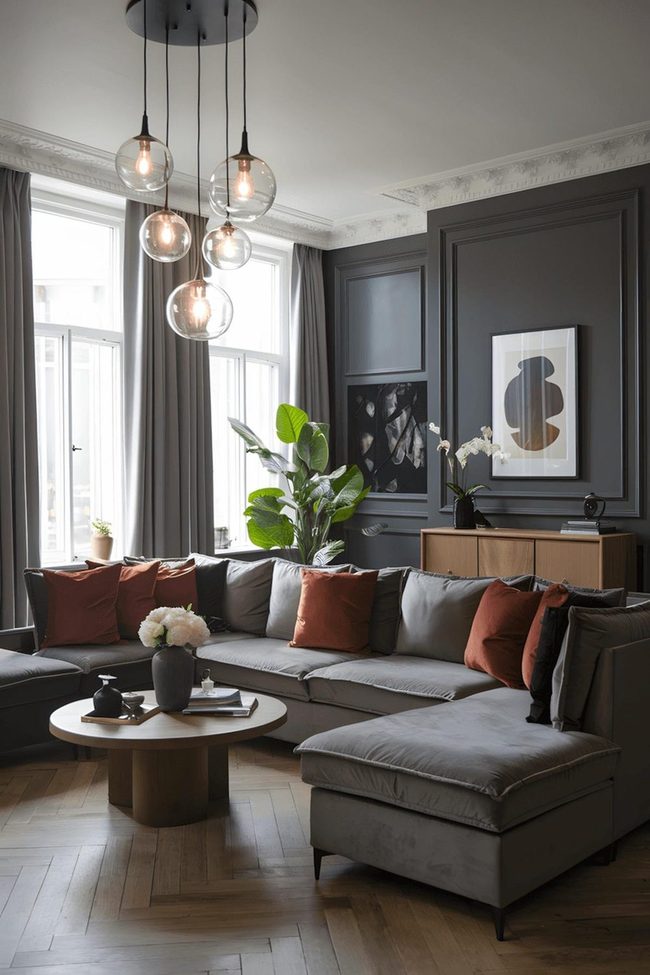 Grey Sectional With Hanging Glass Globe Lighting
