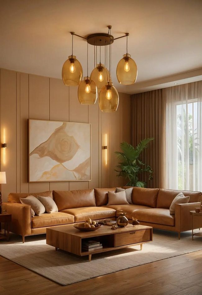Golden Glass Pendants Warm Brown Interiors