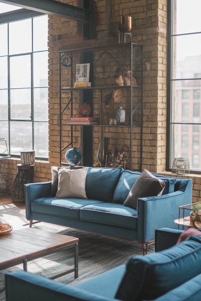 Blue Couch Chrome Brick Loft