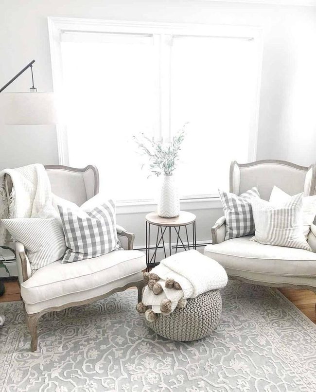 White Wood Chairs Gray Knit Ottoman