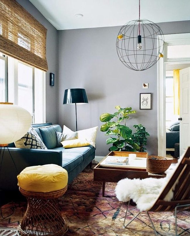 Blue Couch Gray Walls Sunshine