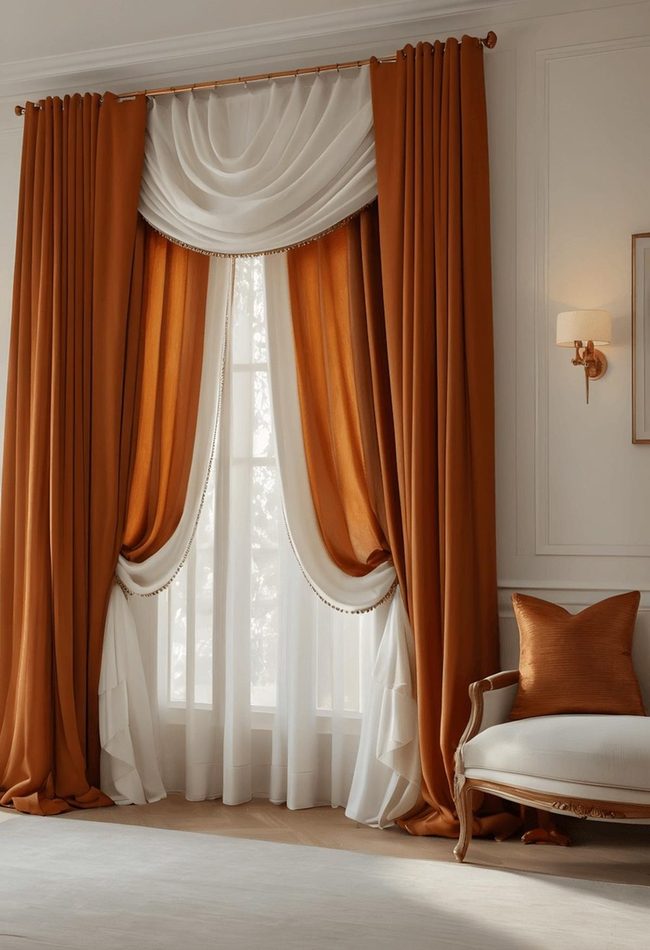 Burnt Orange Drapes With Sheer Layering