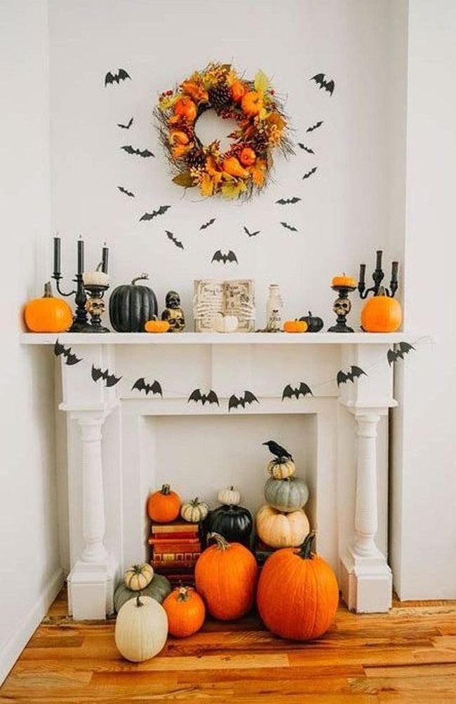 Orange Pumpkins Black Bats Fireplace