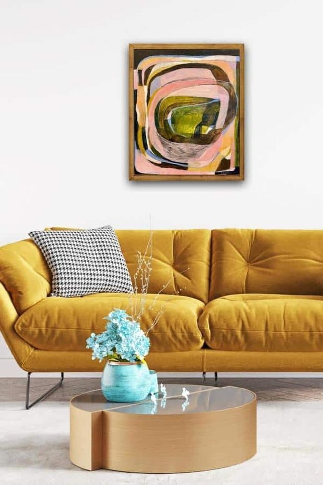 Gold Velvet Sofa With Geometric Art