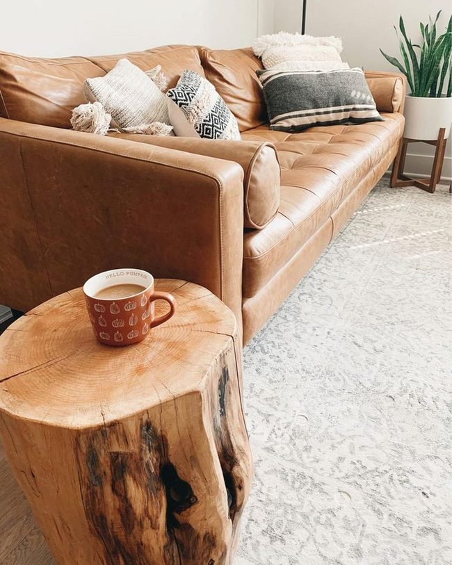 Tan Leather Sofa In Farmhouse Setting