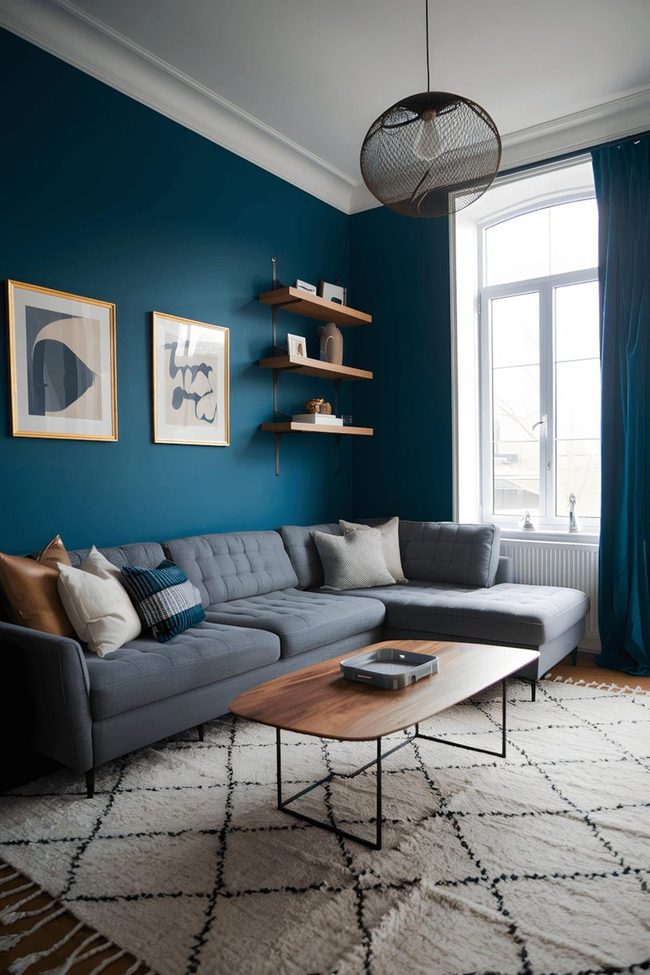 Grey Sectional With Navy Blue Statement Wall