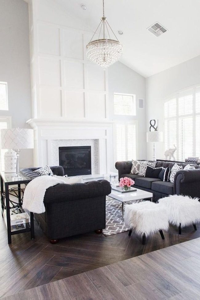 Dark Sofa Meets Glamorous Chandelier