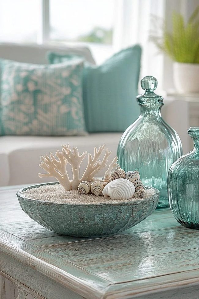 Seashells, Glass, And Soft Blue Coastal