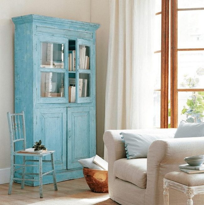 Bright Blue Cabinets Light-Filled Room