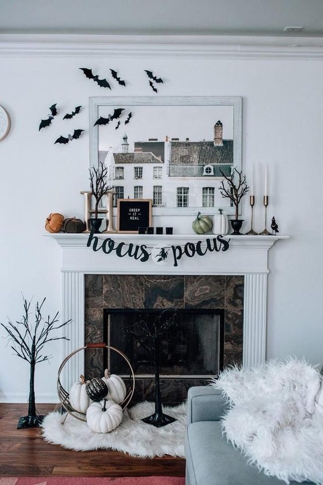 Black Bats Over Stone Fireplace