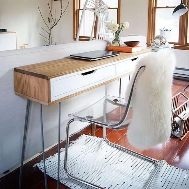 Sunlit Wood Workspace With Clean Lines