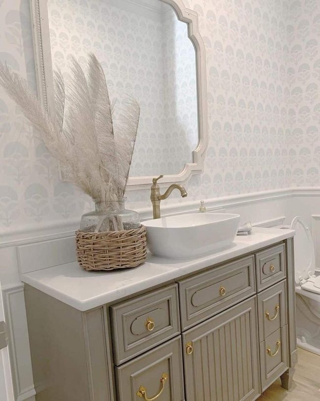 Gray Vanity Gold Hardware Bathroom