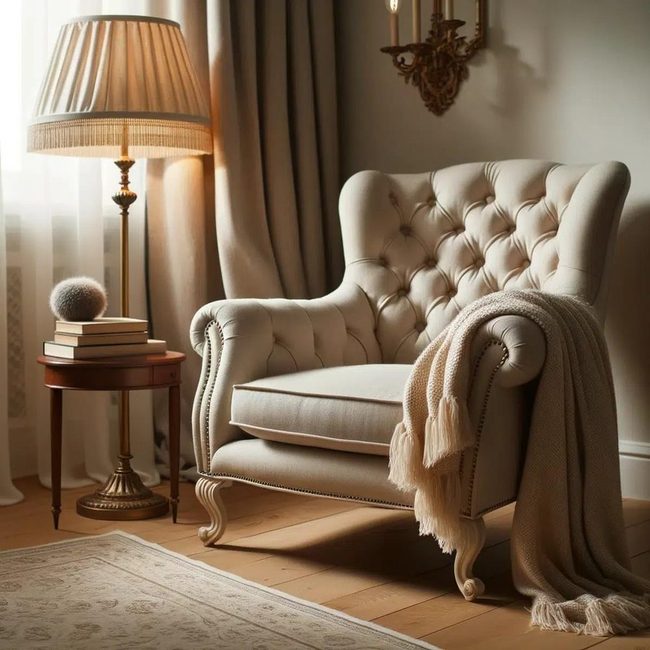Cream Armchair With Fringed Throw