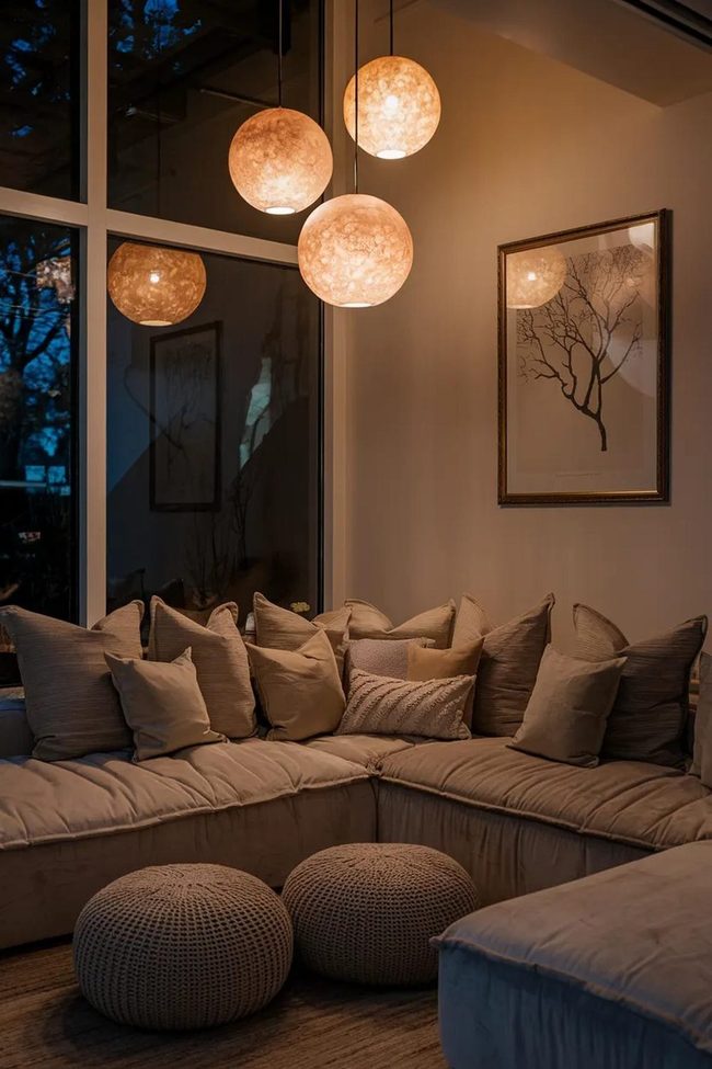 Spherical Pendant Lights Over Modern Sectional