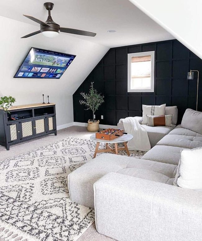 White Table Black Paneled Walls