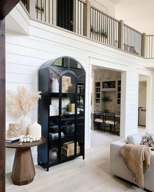 Black Glass Cabinet White Shiplap Statement