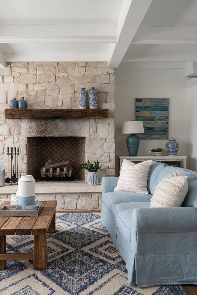 Stone Fireplace with Pale Blue Accents