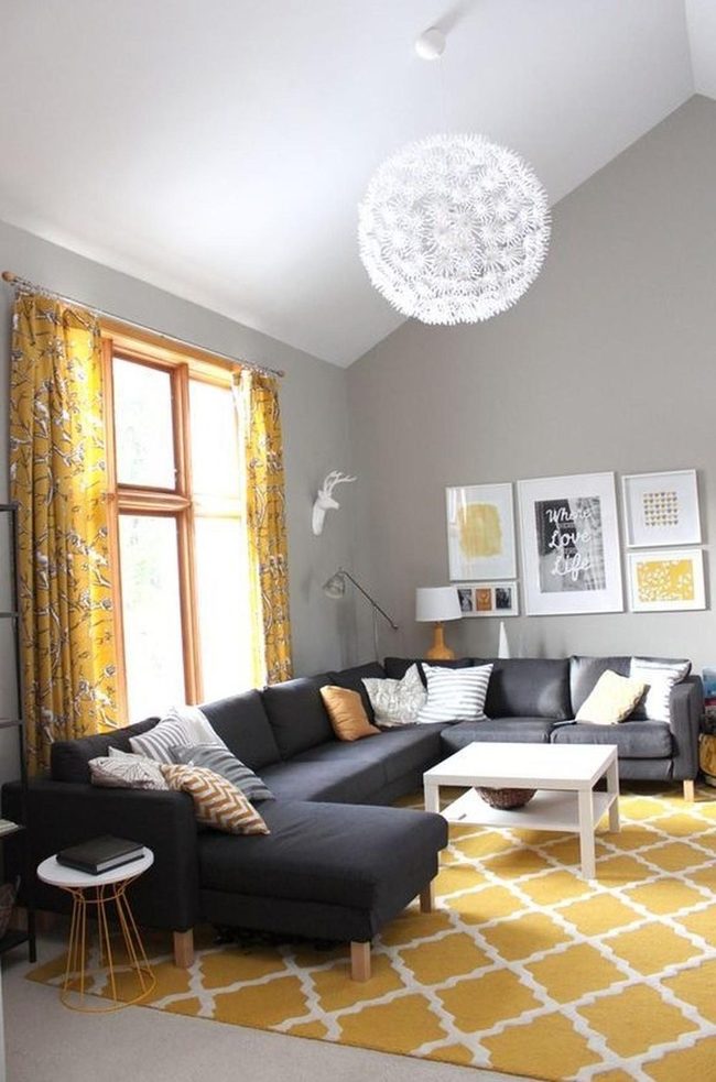 Yellow Curtains, Floral Pendant, Gray Sofa