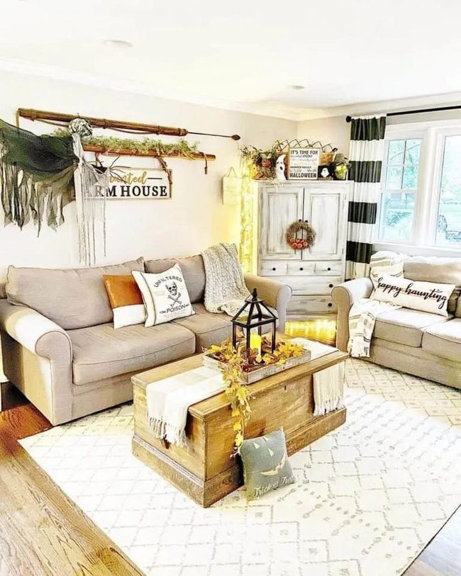 Beige Sofa with Autumn Leaf Cushions