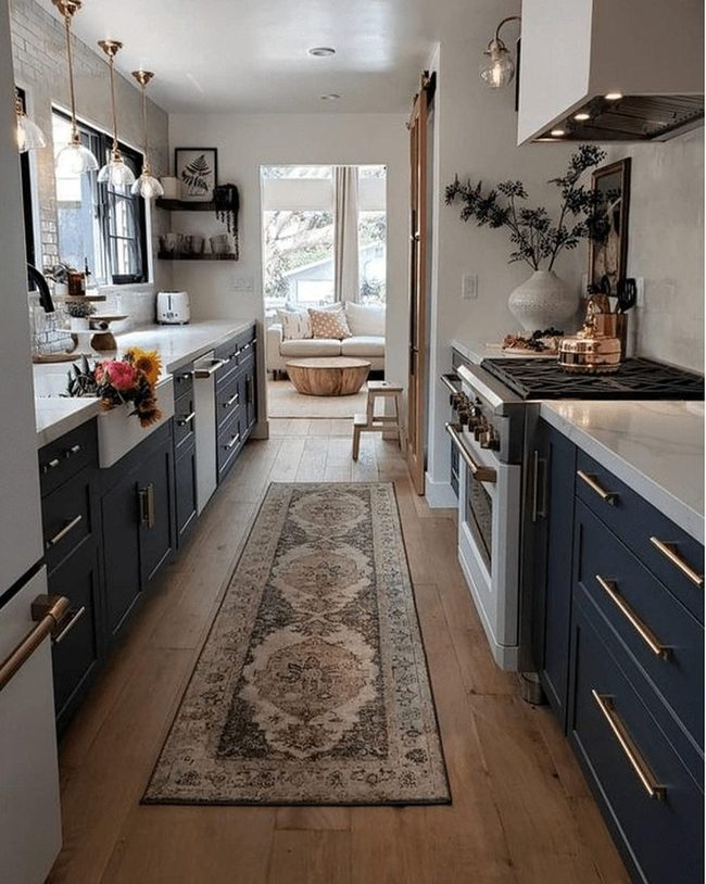 Navy Blue Cabinets And Brass Details