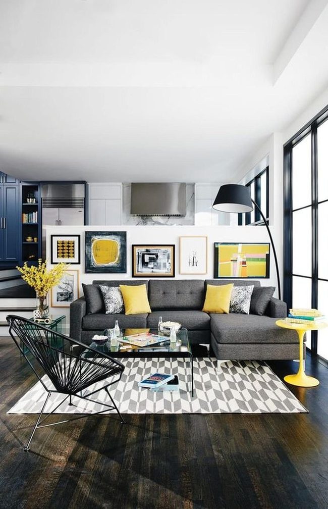 Gray Sofa Yellow Accents Modern