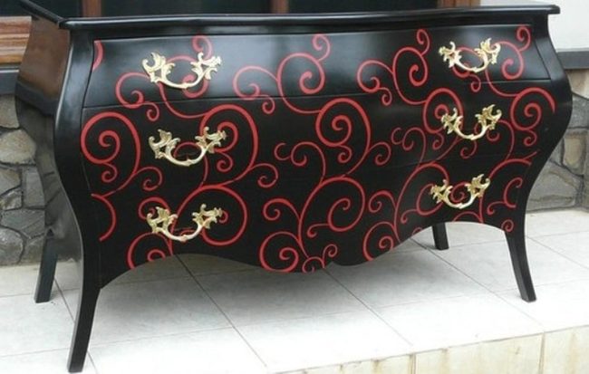 Red Swirls Black Lacquer Dresser