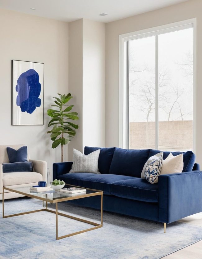 Navy Sofa Anchors Calm Living Rooms