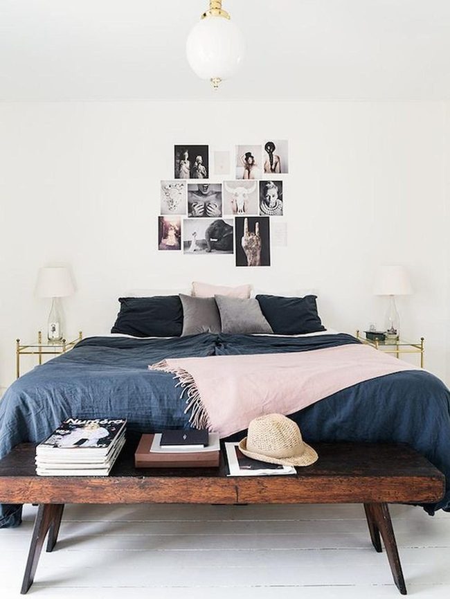Dark Blue Bedding, White Walls, Simplicity