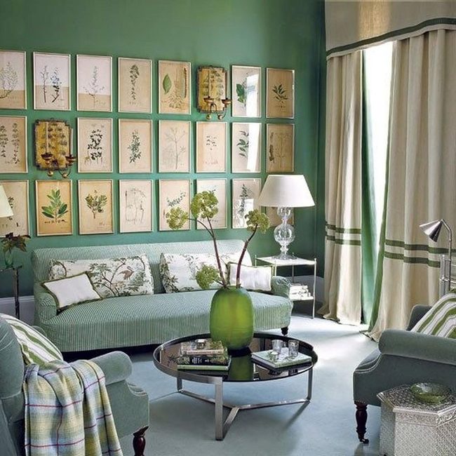 Green Walls With Striped Cream Curtains