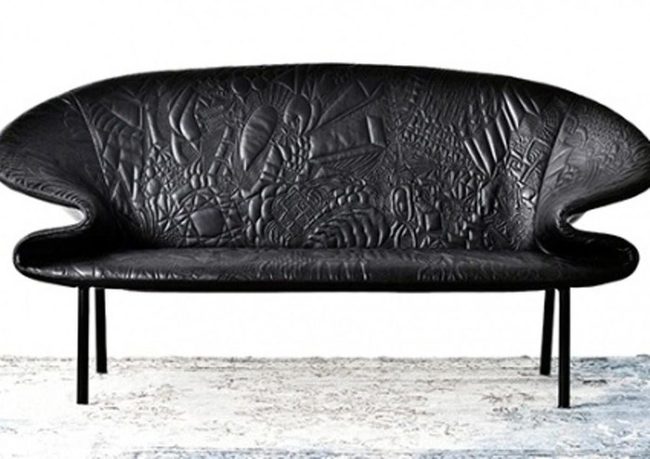 Curved Black Leather Statement Sofa