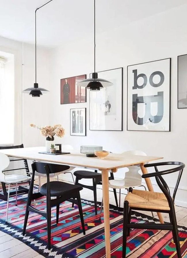 White Walls, Patterned Rugs, Black Accents